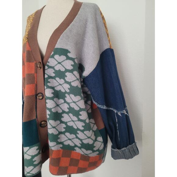 Ces Femme Knit Patchwork Denim Sleeve Oversized Cardigan Sz S Artsy Retro Boho - Picture 3 of 8